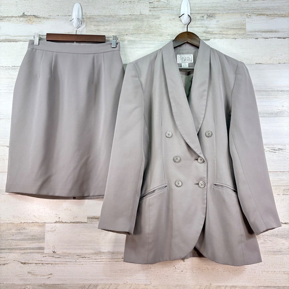Casual Corner Vintage 90s‎ Gray Skirt Suit Double Breasted Blazer Set Size 10